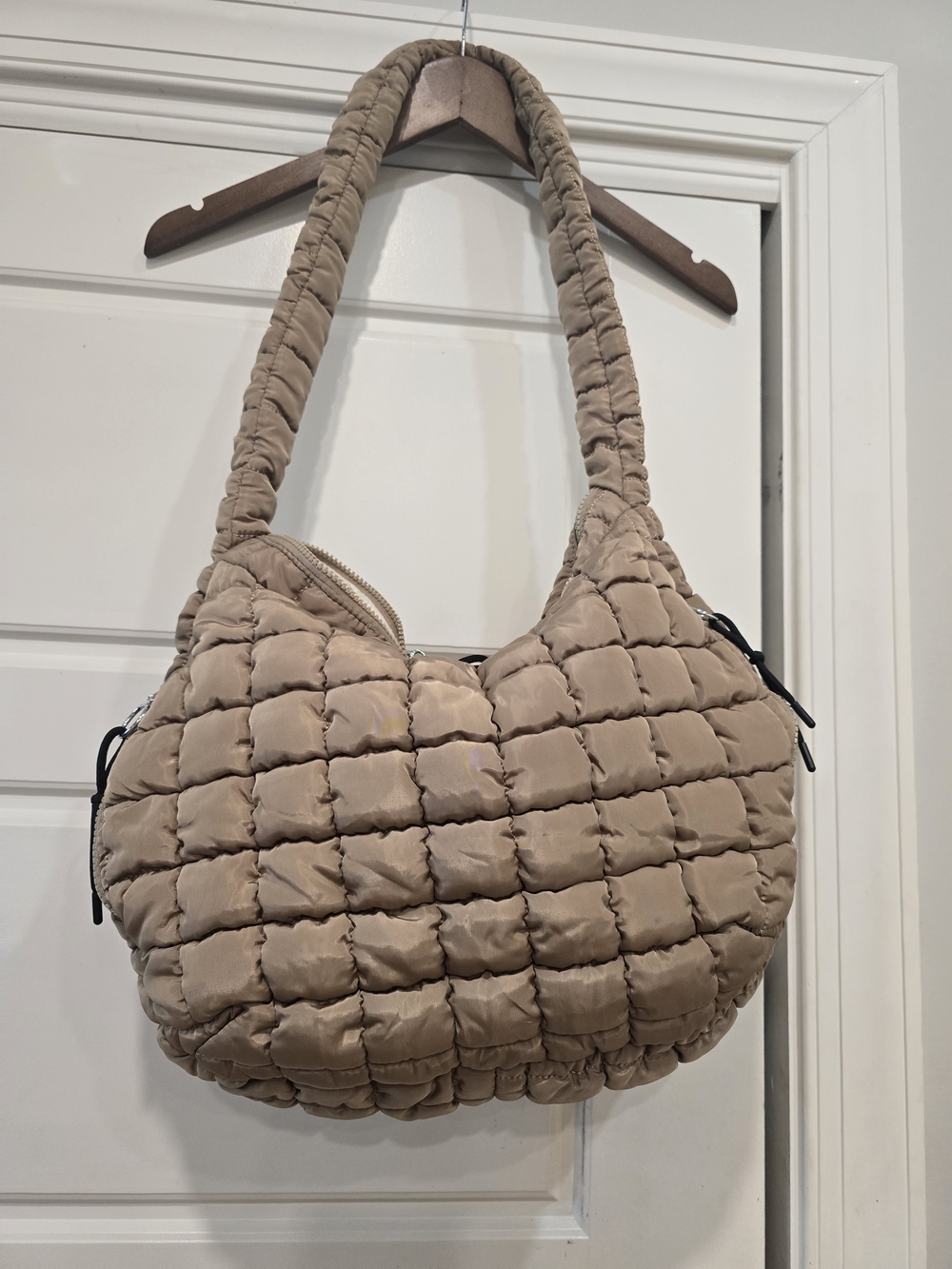 Quilted Puffer Shoulder Bag in Beige